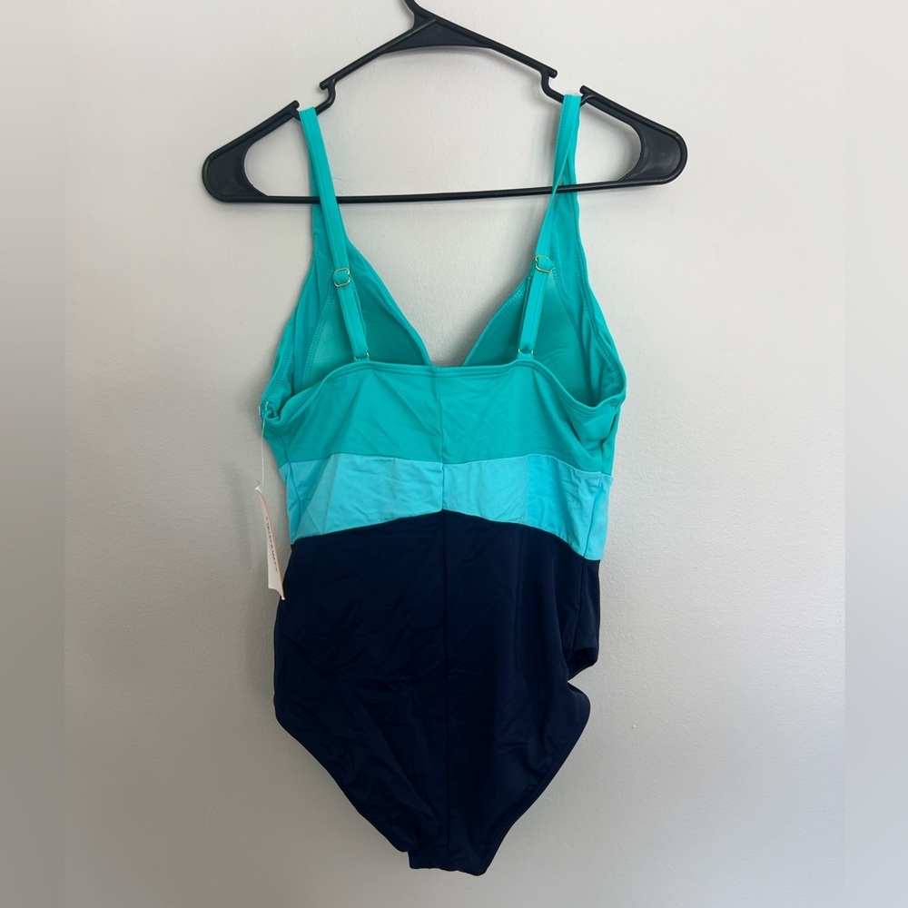 Swimsuits For All Colorblock One Piece Blue Green Plunge Size 12 NWT - Picture 2 of 3